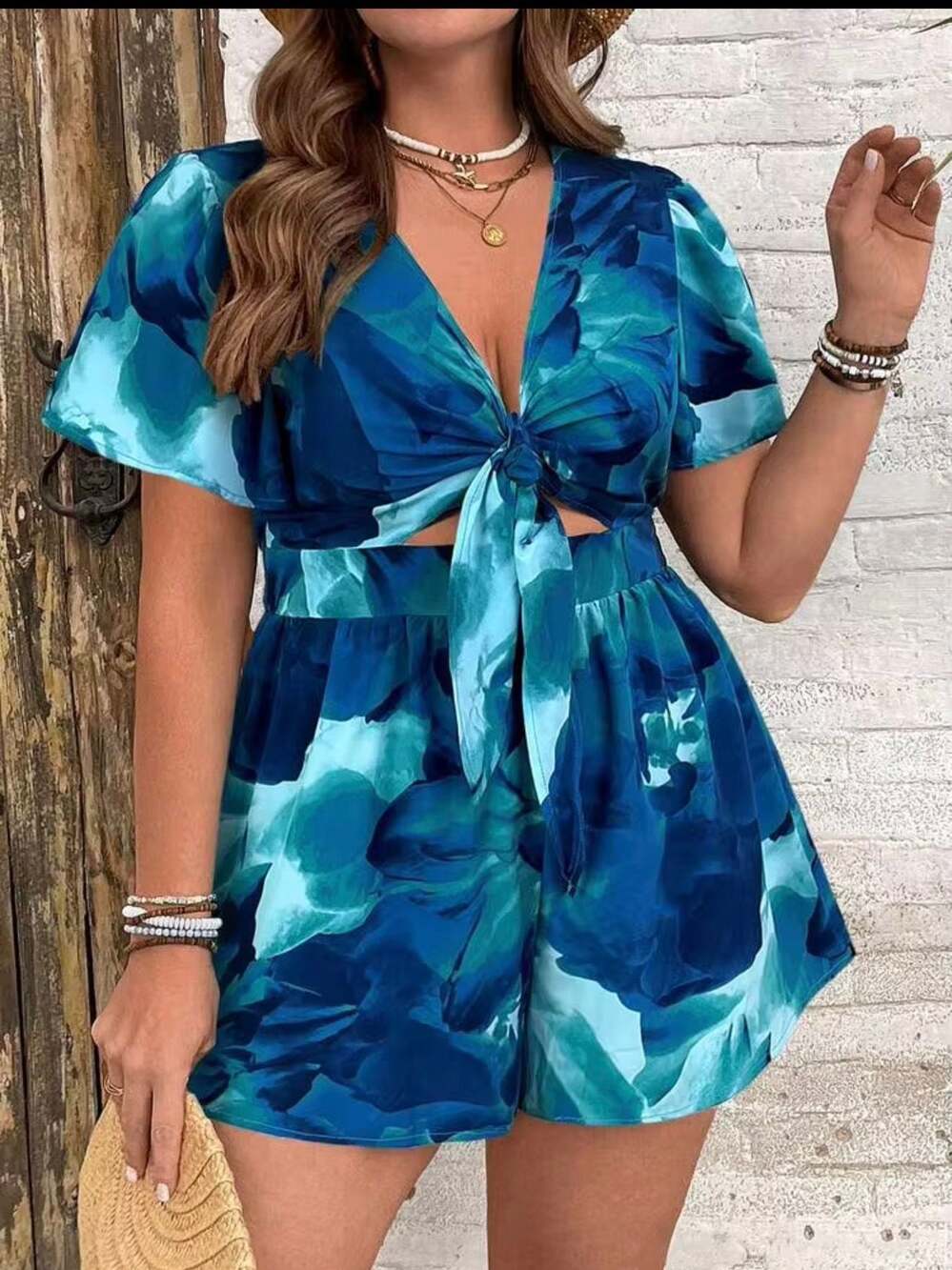 Plus Size Tropical Floral Print Tie-Front Romper, Blue, 4XL